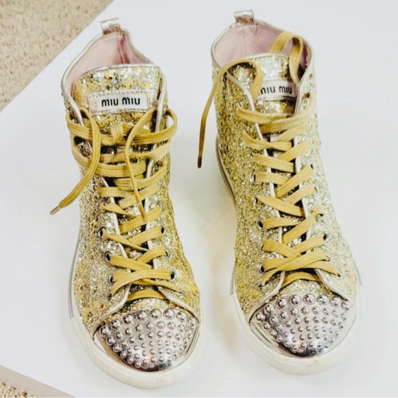 Miu Miu Gold Glitter Studded Sneakers - Picture 2 of 15